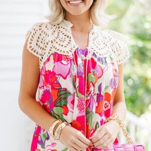 Entro Floral Eyelet Tie Neck Just For You Pink Floral Blouse